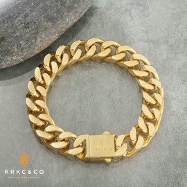KRKC & CO Curb Bracelet for Men, 12/14mm, Surgical Stainless Steel, 6/4 Faceted Cut, Cuban Chain, 18k Gold Plated, Kihei, Wristband, Dancer, B Type, Street Hip Hop Rapper Gift, Stainless Steel
