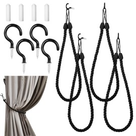 4-Piece Curtain Tiebacks Ropes Holders Cord Black Decorative Handmade Tie Backs Curtain Holdbacks with 4 Metal Screw Hooks for Thin or Thick Home Office Window Drapes Indoor Outdoor