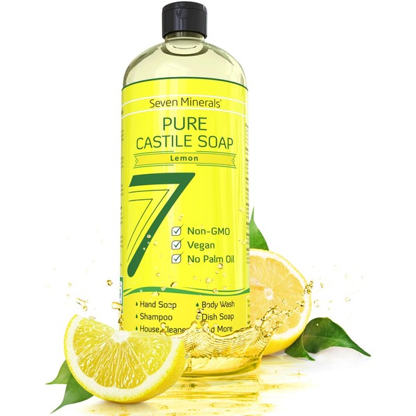 Pure Castile Soap, Lemon - No Palm Oil, GMO-Free - Gentle Liquid Soap For Sensitive Skin & Baby Wash - All Natural Vegan Formula with Organic Carrier Oils (33.8 fl oz)