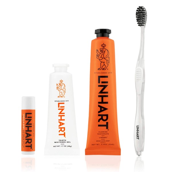 LINHART Smile Collection –Teeth Whitening Gift Set Include Toothpaste, Whitener Gel, Toothbrush, Lip Balm- Home and Travel Set White Teeth for Women and Man