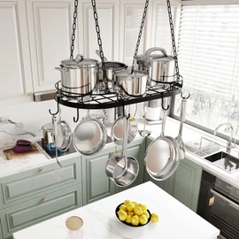 TICKCACY 24.4” Metal Pot Rack Hanging, Oval Pan Rack Hanging with Hooks, Heavy Duty Ceiling Pot Rack with Grid, Pot and Pan Hangers for Kitchen Cookware Utensils Toiletries, Easy Assembly, Black