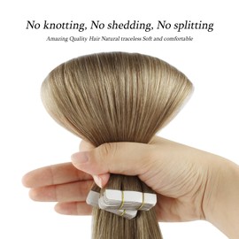 ABH AmazingBeauty Hair Semi-permanent Tape Attached Real Remi Remy 100 Human Hair Tape in Extensions 50g 20pcs Invisible Seamless Reusable Skin Weft Ash Brown Light Chestnut Brown Color 8 20 Inch