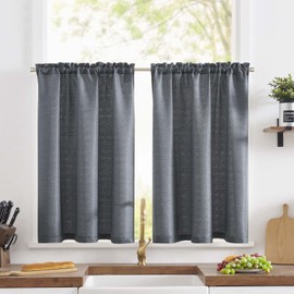 TOPICK Net Curtain, Linen Look, Bistro Curtain, Plain Short Kitchen Curtains, Fabric, Grid, Light Filtering, Pair Scarves for Living Room, Country House, Small Windows, 90 x 90 cm, Grey, Set of 2