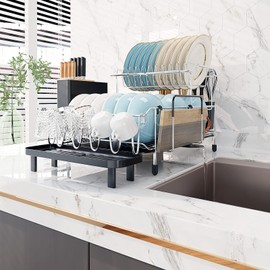 Giantex Dish Drying Rack, 2-Tier Dish Rack with Drainboard and Adjustable Swivel Spout, Large Dish Drainer with Cutting Board Holder, Utensil Holder, Knife Holder and Cup Holder for Kitchen Counter