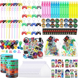 HyDren 194 Pcs Video Game Party Favors Set Include Gift Bags Reusable Straws Bubble Wands Bracelet Keychain Badge Stamps Tattoo Stickers Gift Tags for Kids Birthday Party Supplies