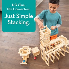 MindWare KEVA Contraptions, Wooden Blocks Building Set, Marble Run Kit, Includes 2 Balls - 200 Planks