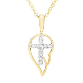 14K Yellow Gold Plated Sterling Silver 0.10cttw Angel Wing Cross Diamond Necklace Pendant with 18" Chain