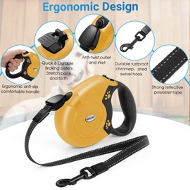 WRSOMIT Retractable Dog Leash, 26 Ft Heavy Duty Pet Walking Leash for Small Medium Large Dogs up to 99lbs, Anti-Slip Handle, 360 ° No Tangle, Nylon Tape, One-Handed Brake (Yellow)
