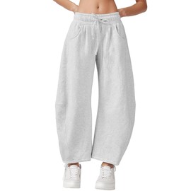 Wyeysyt Women's Barrel Leg Sweatpants Elastic Waistband Drawstring Wide Leg Pants Baggy Cotton Palazzo Pants with Pockets(White-M)