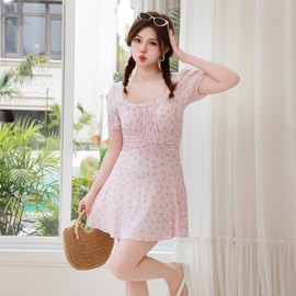Women's Stylish Short-Sleeve Modest One-Piece Swim Dress with Tummy Control for Plus Sizes R246 Size/Pink 2ea