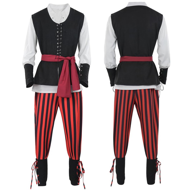 MALINRSSE 6 Pcs Men's Renaissance Pirate Costome Set Medieval Shirt