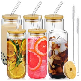 20 Oz Drinking Glasses with Bamboo Lids and Glass Straw - 6 Pcs Can Shaped Glass Cups Beer & Ice Coffee Glasses Cute Tumbler Cup Great for Soda Boba Tea Cocktail Include 2 Cleaning Brushes