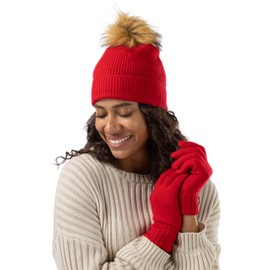 Fishers Finery Women's Cashmere Pom Hat and Glove Set; Gift Box (Cardinal Red)
