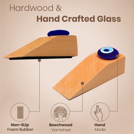 Lirazon Wooden Door Stop with Hand Crafted Glass Evil Eye Bead On Top, Decorative Non Slip Wedge for Heavy Duty, Sturdy, Durable, Large Wood Stopper for All Surfaces, Easy to Use Under The Door