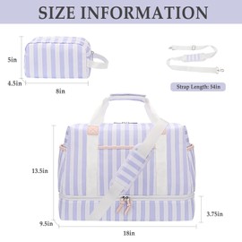 Weekender Bags for Women with Shoe Compartment & Wet Pocket 2Pcs Set Stripe Overnight Bag with Toiletry Bag Large Travel Duffle Bag Mommy Bag (Blue)