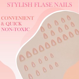 24PCS Semi-Transparent Pink Press On Nails - Short Almond French Tip False Nails - Glossy Stick On Set For Women ABS Material 12 Sizes Included Quick DIY Manicure Kit With Tools