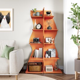 LITTLE TREE Small Corner Shelf, Modern 5-Tier Wall Corner Bookshelf, Stylish Bookcase Storage Rack for Small Space, Living Room, Bedroom, Orange, 2 Pack