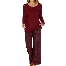 JCQIGOA Women's Pajamas Set Long Sleeve Pyjamas Ladies Set Two Piece Loungewear Long Nightwear Sleepshirt, Red L