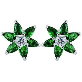 [RIZILIA BLOSSOM] Stud Pierced Earrings with Marquise Cut Gemstones CZ [Green Emerald] in 18K White Gold Plated, Simple Modern Elegance