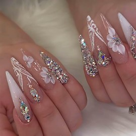 Auiremrti 24 Stück Lange aufdrückbare Nägel, Stiletto-förmige künstliche Nägel, handgefertigte falsche Nägel mit Strass-Designs, Ombre-Klebe-Nägel, glitzernde künstliche Nägel