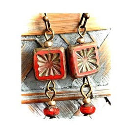 Bronze and Rustic Red Czech Bead Earrings. Jewelry Earrings for Women #3298FE734