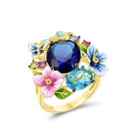 Santuzza 925 Sterling Silver Colorful Enamel Flowers Butterfly Ring Blue Glass Gold Plated Statement Ring for Women (9)