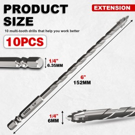 Upgraded 6in (152mm) Masonry Drill Bit Set - 1/4"(6mm)*10-Piece Serrated Carbide Bits, Professional Set for Concrete, Tile, Brick & More