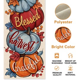 Croar Thanksgiving Pumpkin Thankful Grateful Blessed Table Runner, Blue Fall Harvest Kitchen Dining Table Decoration, Autumn Seasonal Burlap Indoor Outdoor Home Decor Party Supply 13 x 90 Inches