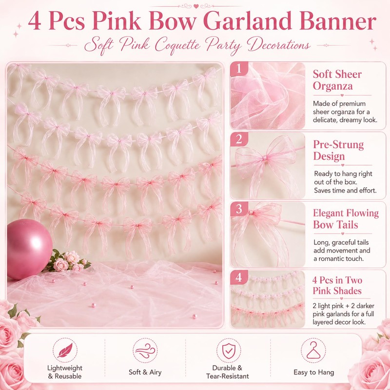 4 Pcs Pink Bow Garland Banner Pre Strung
