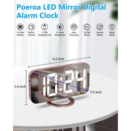 Digital Alarm Clock,7 Inch LED Mirrored Large Display, with Dual USB Charger Ports,Auto Dim,Snooze Function,Modern Desk Wall Electronic Clocks for Bedroom Living Room Office - Rose Gold