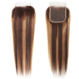 DUAUJUIU Straight Highlight 4x4 Lace Closure Human Hair Closures Blonde mit Brown Hair for Women 14 Inch