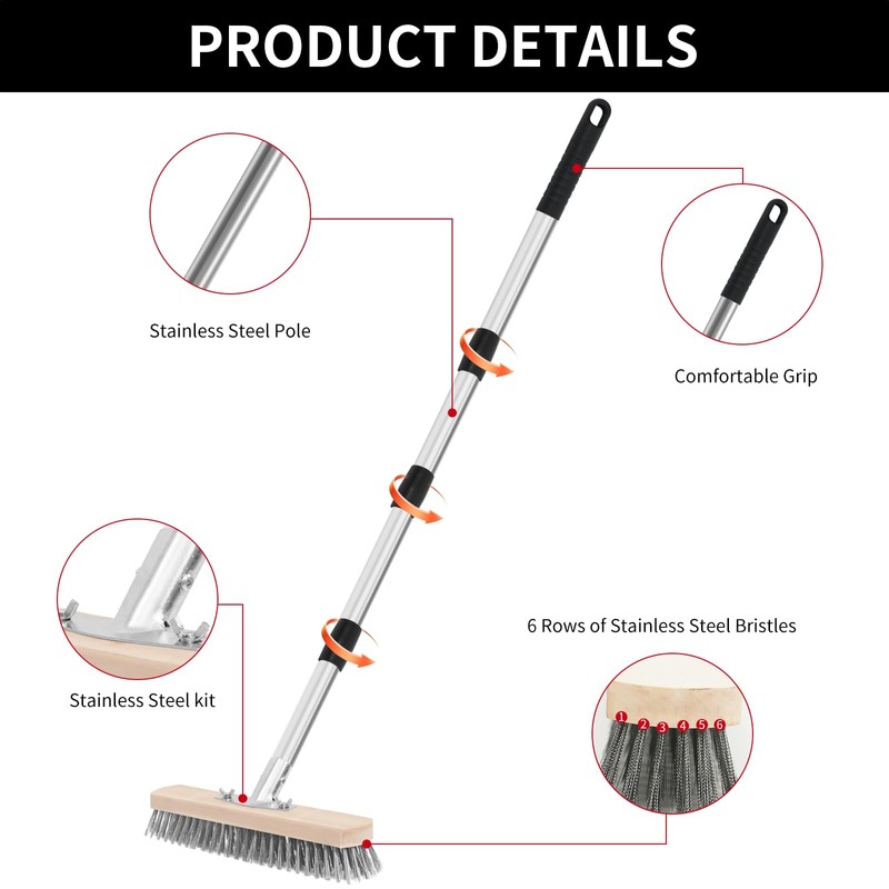 Stainless Steel Wire Scrub Brush with Long Handle, Heavy Duty