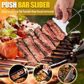 3 Pcs Kabob Skewers for Grilling - 14'' Stainless Steel Kebab Skewer for Kabob, 3 Way Grill BBQ Skewer with Push Bar, Barbecue Shish Kabob Skewers for Meat Veggies Fruits Marshmallows Outdoor