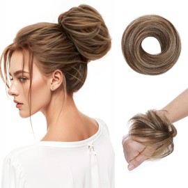 TESSHAIR Human Hair Messy Bun Hair Piece Scrunchie Women’s Hair Pieces for Updos Style Wavy Hair Extension Scrunchie Medium Brown & Dark Blonde#4P27