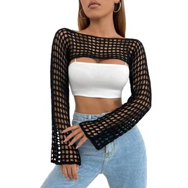 Mincib Womens Crochet Shrug Y2K Hollow Out Bolero Shrug See Through Cropped Knit Sweater Top(Black,M)