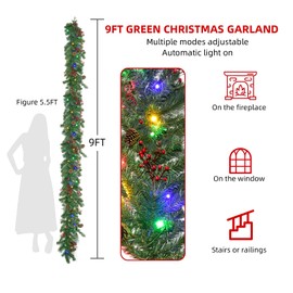 Christmas Garland with Lights 9FT, Battery Powered 50 LED Lights, 8 Lighting Modes, Red Berry, Pine Cone for Stairs, Front Door, Christmas Decor