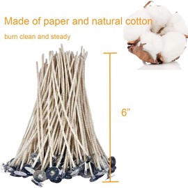 200 pcs 6" ECO Candle Wicks for Candle Making Coated with Natural Soy Wax, Low Smoke Cotton Threads Woven with Paper with 20 pcs Candles Wicks Stickers & Wicks Centering Device