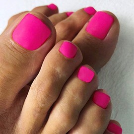Outyua Hot Pink Press on Toenails Matte Short Fake Toe Nails Acrylic False Toesnail Square Cute Pressons Toenail Artificial Beach Full Cover Feet Nail for Women 24 Pcs (Hot Pink)