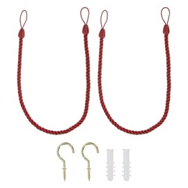 PATIKIL Curtain Tiebacks Ropes, 2 Pack Decorative Tie Backs Braided Curtain Holdback Cord for Home Office Decor, with Screw Hooks & Bolts, Red