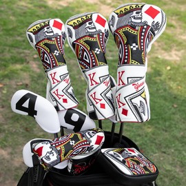 BAIRBRE Golf Head Covers,Poker Diamond King 3 Wood Headcover Golf Driver Cover Fariway Wood Headcover Hybrid Head Covers Blade Putter Cover Mallet Putter Haedcovers Golf Club Covers for Most Brand