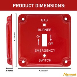 Airmont Products, AP-10462, Emergency Gas Shut-off Toggle Switch Wall Plate, 1-Gang Standard Size, Heavy Duty, Red Painted Metal, With White Silk-Screened Lettering, Very Noticeable, Code Compliant