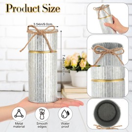 Mimorou 8 Pcs 7.48 Inch Vases for Centerpieces Galvanized Metal Flower Vase with Twine Bow Rustic Vintage Wedding Mason Jars Farmhouse Tin Bucket Decor for Artificial Flowers Home Table (Silver)