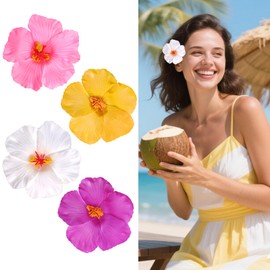 4Pcs Hawaiian Flower Hair Clips for Women, Plumeria Hibiscus Hair Clip for Vacation Party Summer Beach Seaside (Yellow, White, Pink, Rose)
