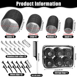 obeoby 4 Sizes Self-Grip Hair Rollers Set - 50 Pcs Jumbo Curlers for Long, Short Hair and Bangs (25mm, 36mm, 48mm, 60mm) With Clips, Black
