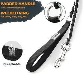 Chew Proof Metal Leash Chain Dog Leash for Medium Large Dogs, Chain Link Anti Chew 4FT Strong Anti Bite Comfortable Soft Padded Handle Black