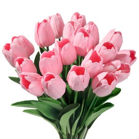 ZYIMYBER 20pcs Artificial Tulip Silk Fake Flowers Real Touch Bouquet Bulk Easter Home Kitchen Wedding Party Decorations (Pink)