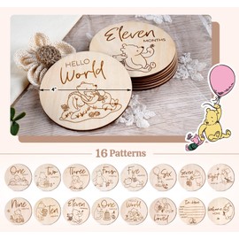 Winnie Baby Monthly Milestone Marker, Wooden Discs for Baby Photo Props with Hello World Newborn Sign - 8Pcs Double Sided Signs- Laser Engraving