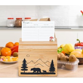 dgudgu Bamboo Recipe Box With Cards And Dividers -Cute Recipe Card Box Decorative Laser Engraved Bear Image, Recipe Card Box With Two Recipe Card and Phone Holding Grooves