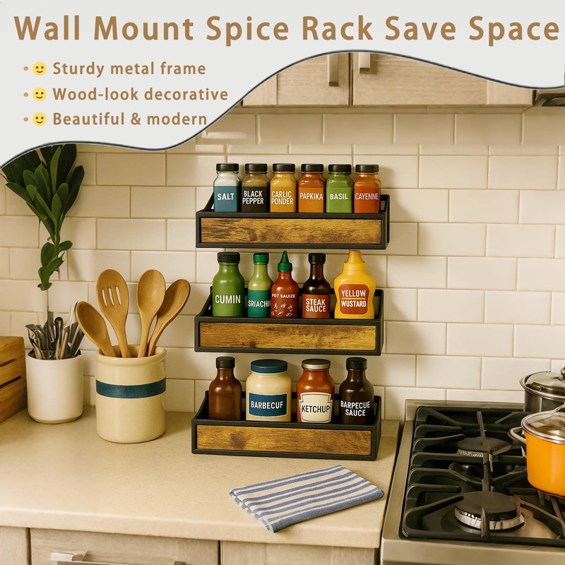 ROURANB Spice Rack Wall Mount 6 Pack, Space-Saving Seasoning Organizer,Screw