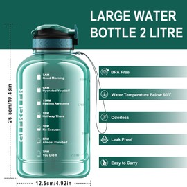 GLEKGLEK 2 Litre Water Bottle BPA Free, Large Drinks Bottle with Time Markings, Perfect for Gym, Office, Outdoors & Daily Use (Cyan)